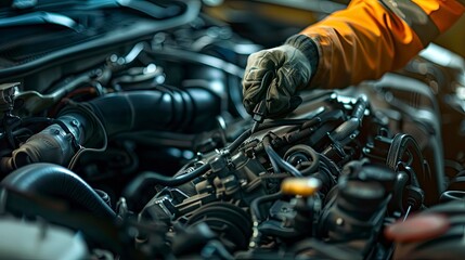 close up of a car mechanic is fixing car engine, close up of a car engine