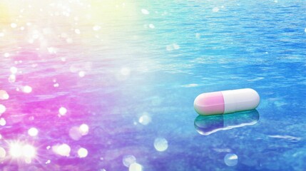 A surreal composition of a pill bottle floating near the water's surface, refracted light casting rainbow patterns.
