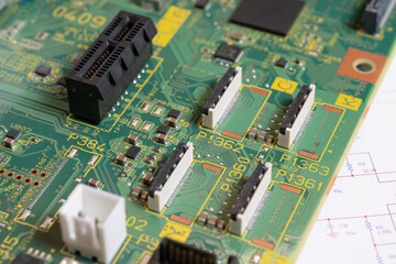 Close-up of an electronic circuit board with connectors
