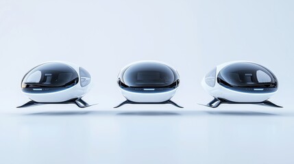 Futuristic eco-friendly aerial vehicles, designed for urban transport, featuring sleek designs, innovative technology, and a commitment to sustainability, soaring through clear skies.