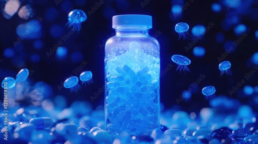 Poster A surreal deep-sea scene where a prescription bottle glows faintly, with pills hovering around like tiny jellyfish.