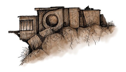 Architecture sketch of building, hand drawn architectectural sketch © Cubitron