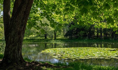 Fototapeta premium Serene pond with lily pads under a tree in a lush green park, ideal for nature backgrounds