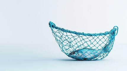 Fresh Fish Caught in a Blue Fishing Net on a Minimal White Background