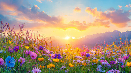 Fototapeta premium Colorful wildflowers bloom at sunset in mountain meadow