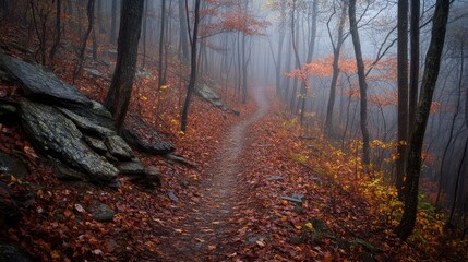 Obraz premium Misty Forest Path With Autumn Leaves and Foliage in Serene Nature Landscape