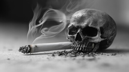 Smoking Skull Still Life: Monochrome Image of a Skull with a Burning Cigarette