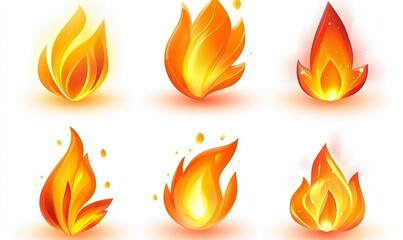 Six stylized fire flames on white background for design