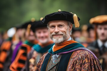 Obraz premium A row of graduates walking in a procession, dressed in traditional academic regalia