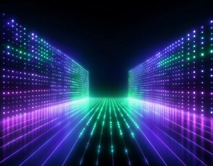 3d render, abstract background, screen pixels, glowing dots, neon lights, virtual reality, ultraviolet spectrum, pink blue vibrant colors, catwalk fashion podium, laser show, stage, isolated on black