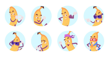 Banana. cute characters fruits banana mascot with different emotions