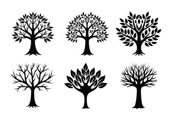 Obraz premium silhouette tree line drawing set, side view, set of graphics trees elements outline symbol for architecture and landscape design drawing. Vector illustration in stroke fill in white.