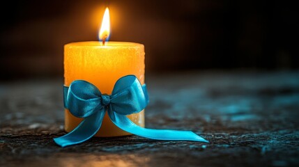 Single Yellow Candle with Blue Ribbon on Dark Textured Surface
