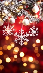 Snowy fir branch with white ornaments and snowflakes on a festive red bokeh background