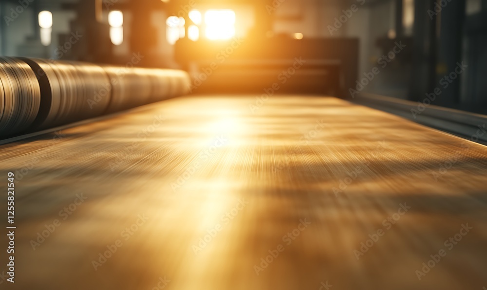Poster a conveyor belt illuminated by warm sunlight, showcasing a smooth surface, typical of industrial set
