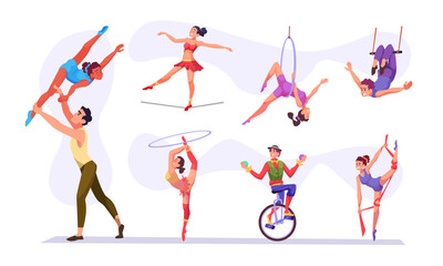 Acrobats. Performance gymnasts circus equilibrists in action poses exact vector circus show characters