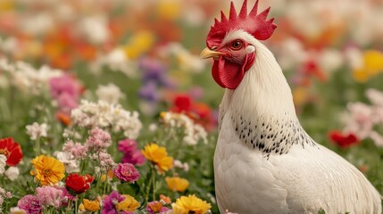 Fototapeta premium White Chicken Surrounded by Colorful Flowers in a Vibrant Field Scene