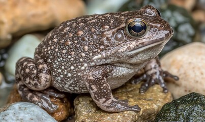 Obraz premium Spotted frog resting on colorful pebbles in nature setting, ideal for wildlife publications