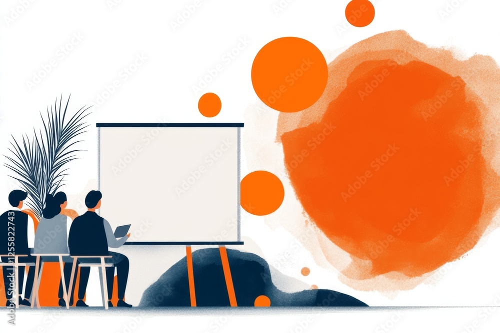 Poster a simple vector illustration of a faculty lecture in progress, with students taking notes in a class