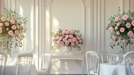 A romantic wedding setting with pink roses and elegant decor, offering clean space for copy or wedding announcements.