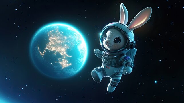 A rabbit in a spacesuit is floating in space next to a planet