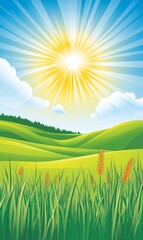 Obraz premium Sunny green hills landscape background with bright sun rays and clouds