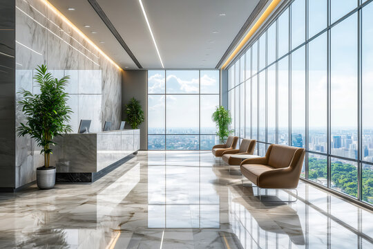 Beautiful Empty Building Office Reception With Glass Walls And Natural Light - Cozy Waiting Area. Ai Generated

