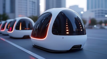 Fototapeta premium Autonomous Ride-Sharing Pods, eco-friendly design, powered by renewable energy, seamlessly navigating urban landscapes, promoting sustainable transportation solutions.
