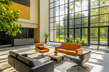 Beautiful Empty Building Office Reception With Glass Walls And Natural Light - Cozy Waiting Area. Ai Generated
