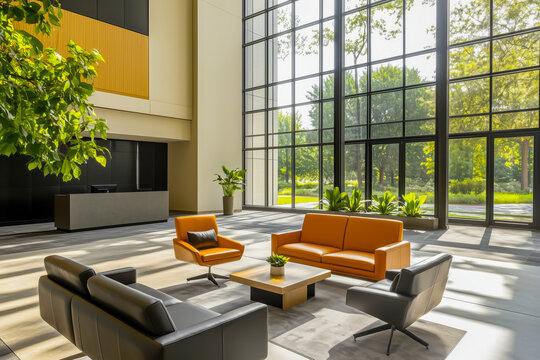 Beautiful Empty Building Office Reception With Glass Walls And Natural Light - Cozy Waiting Area. Ai Generated
