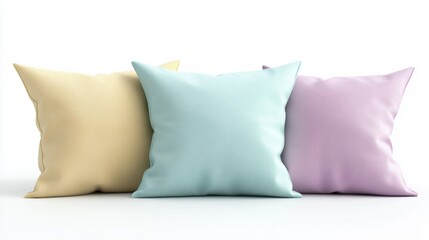 Three colorful pillows arranged together on a white isolated background.