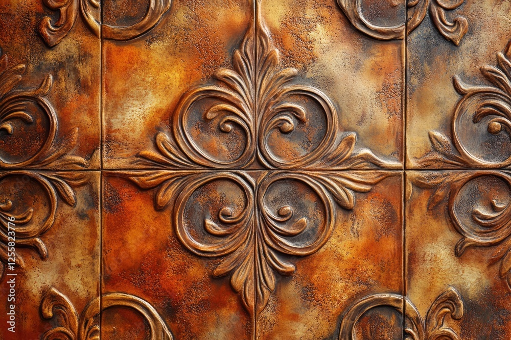 Aufkleber intricate bronze-toned tiles with embossed floral patterns create a luxurious and vintage aesthetic.