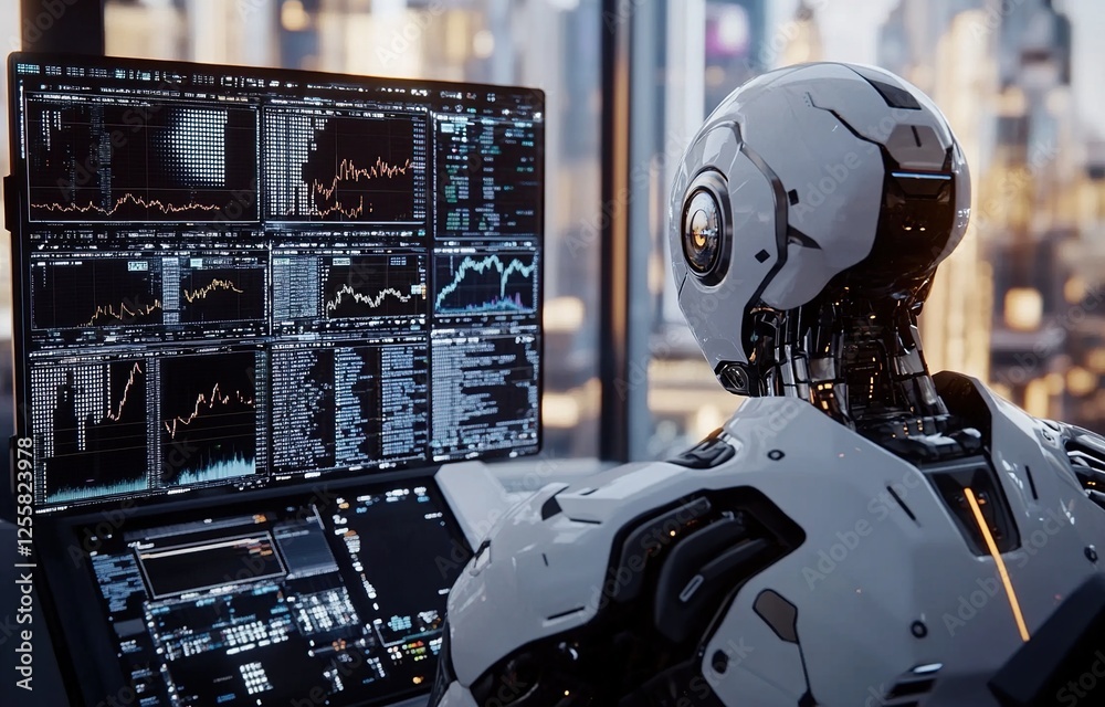Poster ai robot analyzes stock market data efficiently on multiple screens