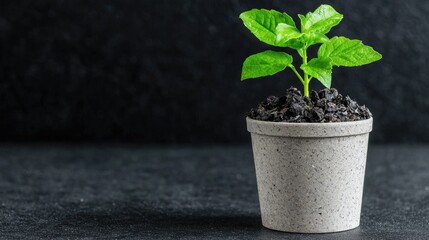 Young plant growing in pot, dark background, new life, sustainability concept