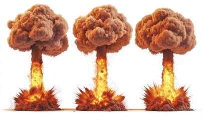 Three stages of a fiery explosion with smoke plumes on white