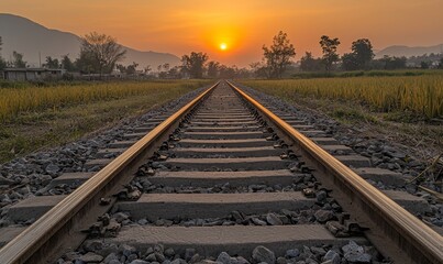 Fototapeta premium Train tracks at sunset in rural landscape