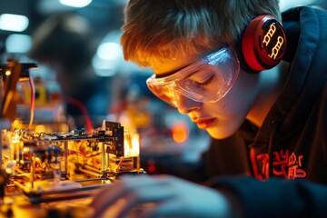 A student using a 3D printer in a resource room for a school project