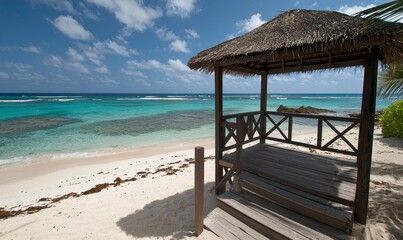 Fototapeta premium Tropical beach gazebo with turquoise water and white sand under sunny sky