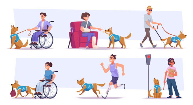 Disabilities and pets. Dog help to blind people exact vector assistants animals to guide disabilities persons