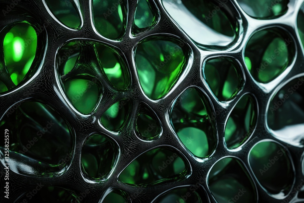 Fototapete Abstract 3D render of a complex, interconnected network of dark, glossy structures with glowing green interiors.
