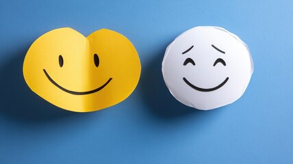 Happy and sad face paper cutouts on blue background