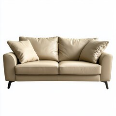 Fototapeta premium Stylish beige leather sofa with plush cushions, isolated on white background.