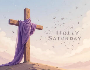 Holy Saturday Cross with Purple Drape and Flying Birds Illustration