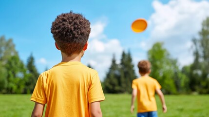 Naklejka premium Children Playing with Frisbee in Green Park Under Bright Blue Sky on a Sunny Day