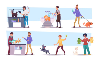 Pet service. Bathing grooming and haircuts for domestic dogs exact vector puppies in cartoon style