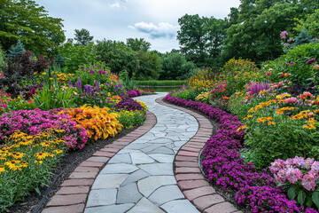 Obraz premium Winding path through vibrant summer garden