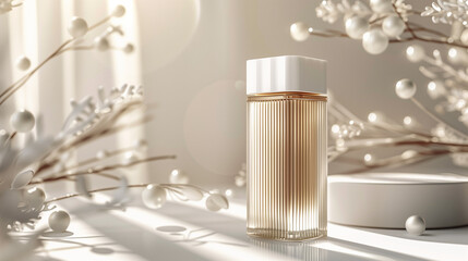 elegant perfume bottle rectangular white cap label delicate pearls beige background sunlight