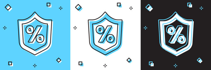 Set Loan percent icon isolated on blue and white, black background. Protection shield sign. Credit percentage symbol. Vector