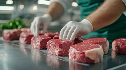 Fresh Meat Cuts Arranged Neatly on a Stainless Steel Table in a Professional Kitchen Environment