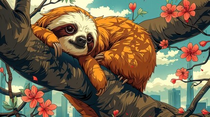 A sloth lounging on a tree branch amidst vibrant flowers and a city backdrop.
